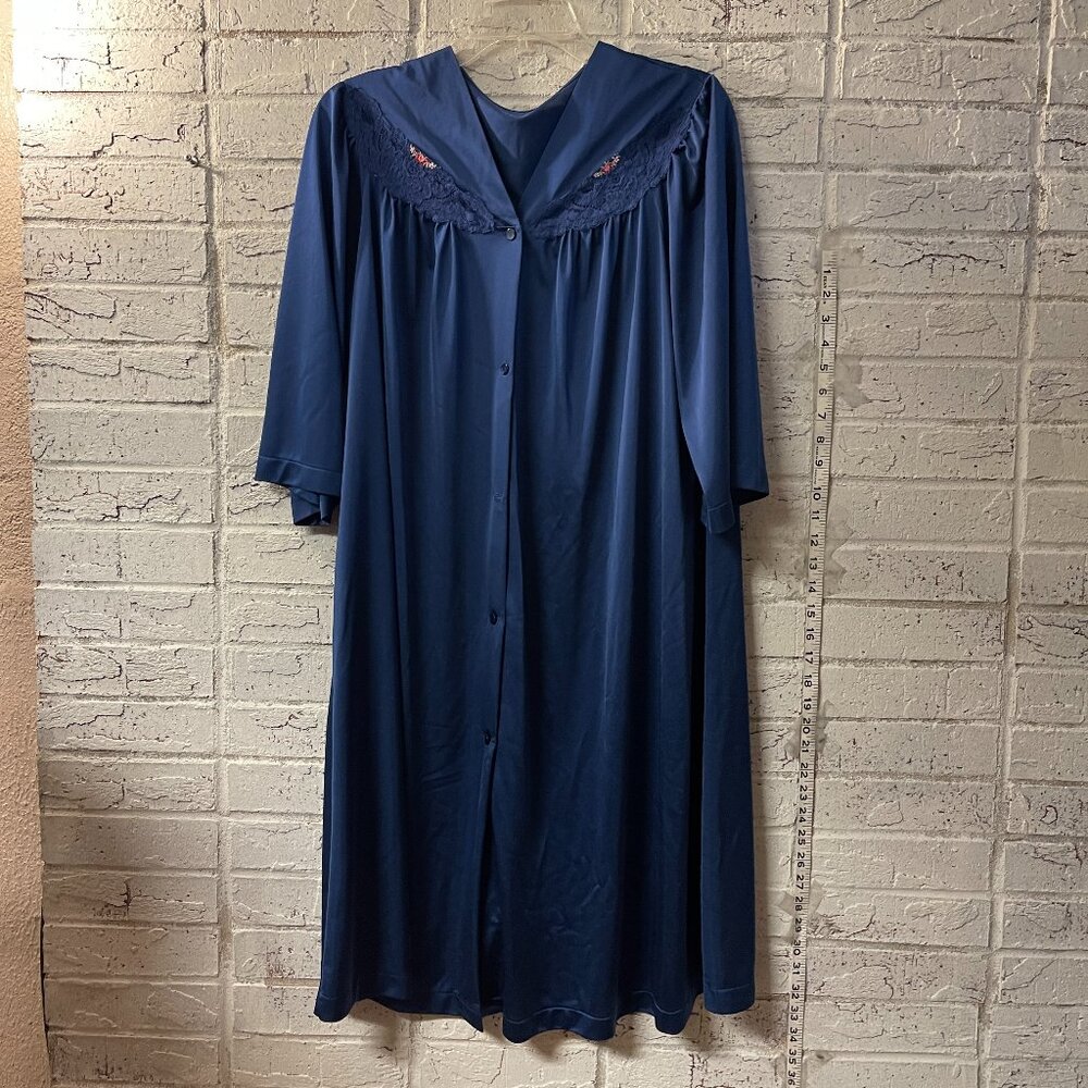 Vintage Blue Button Front Robe Nightgown Lace Collar Embroidered Detail Satin